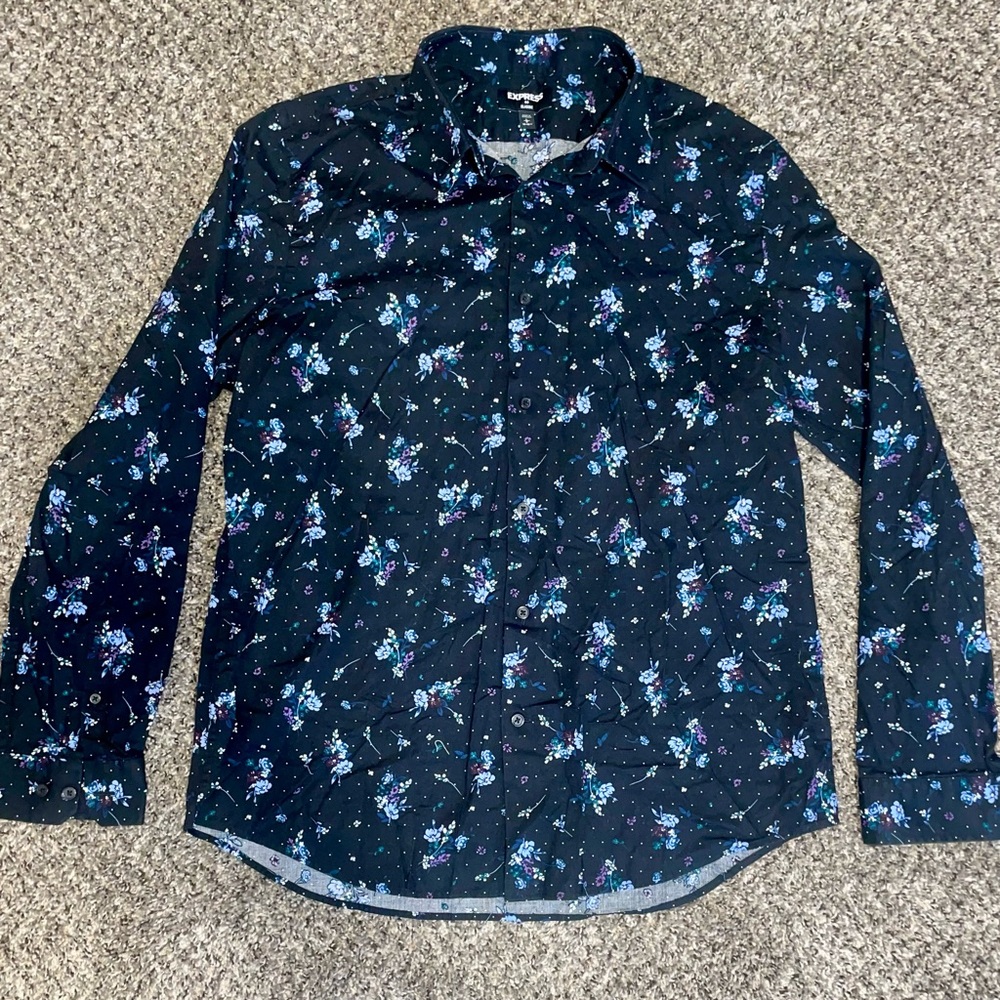 Express Black and Blue Floral Cotton Button Up Long Sleeve Size Mens Large